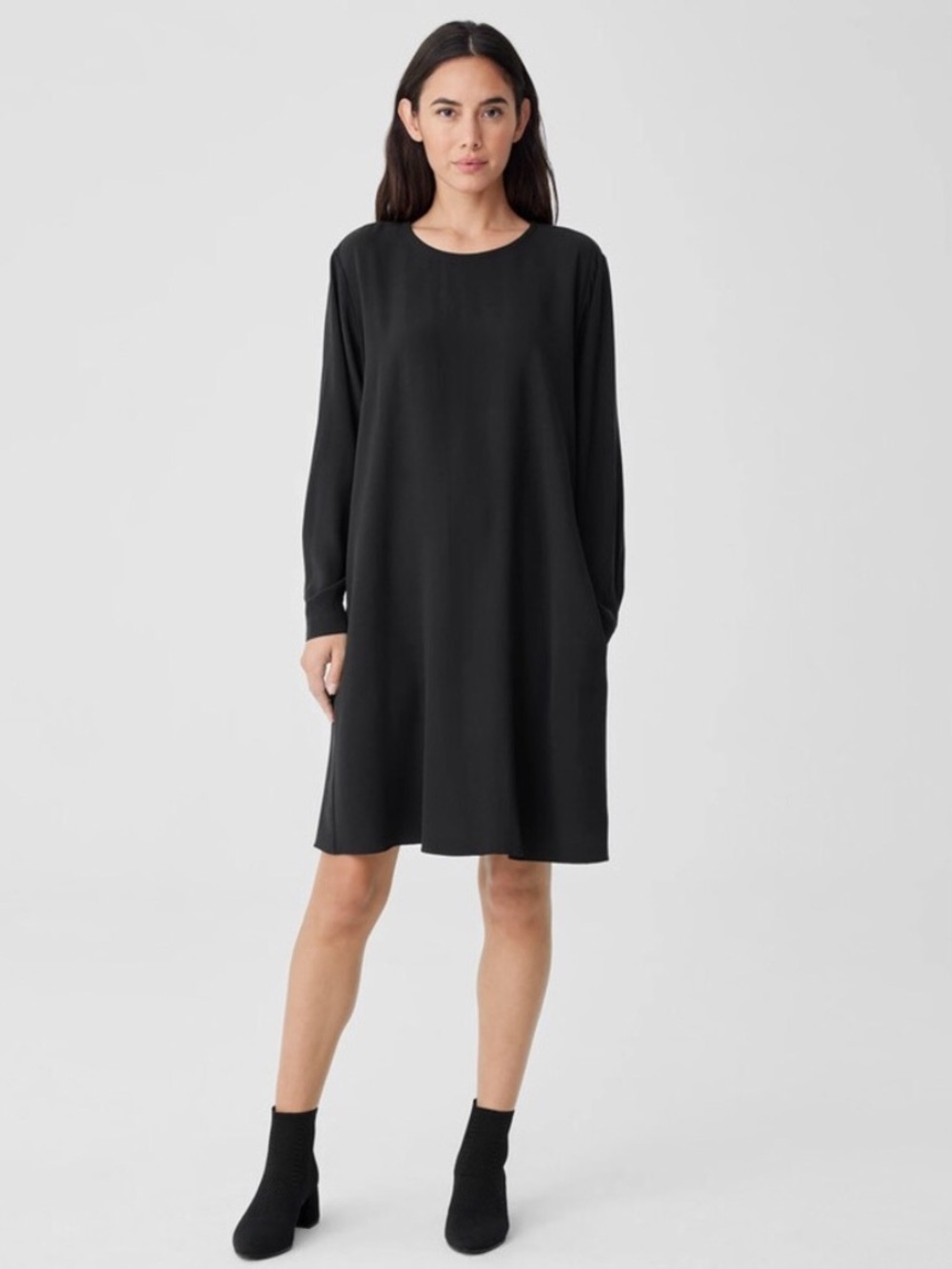Eileen Fisher Black 100% Silk Long Sleeve Dress NEW